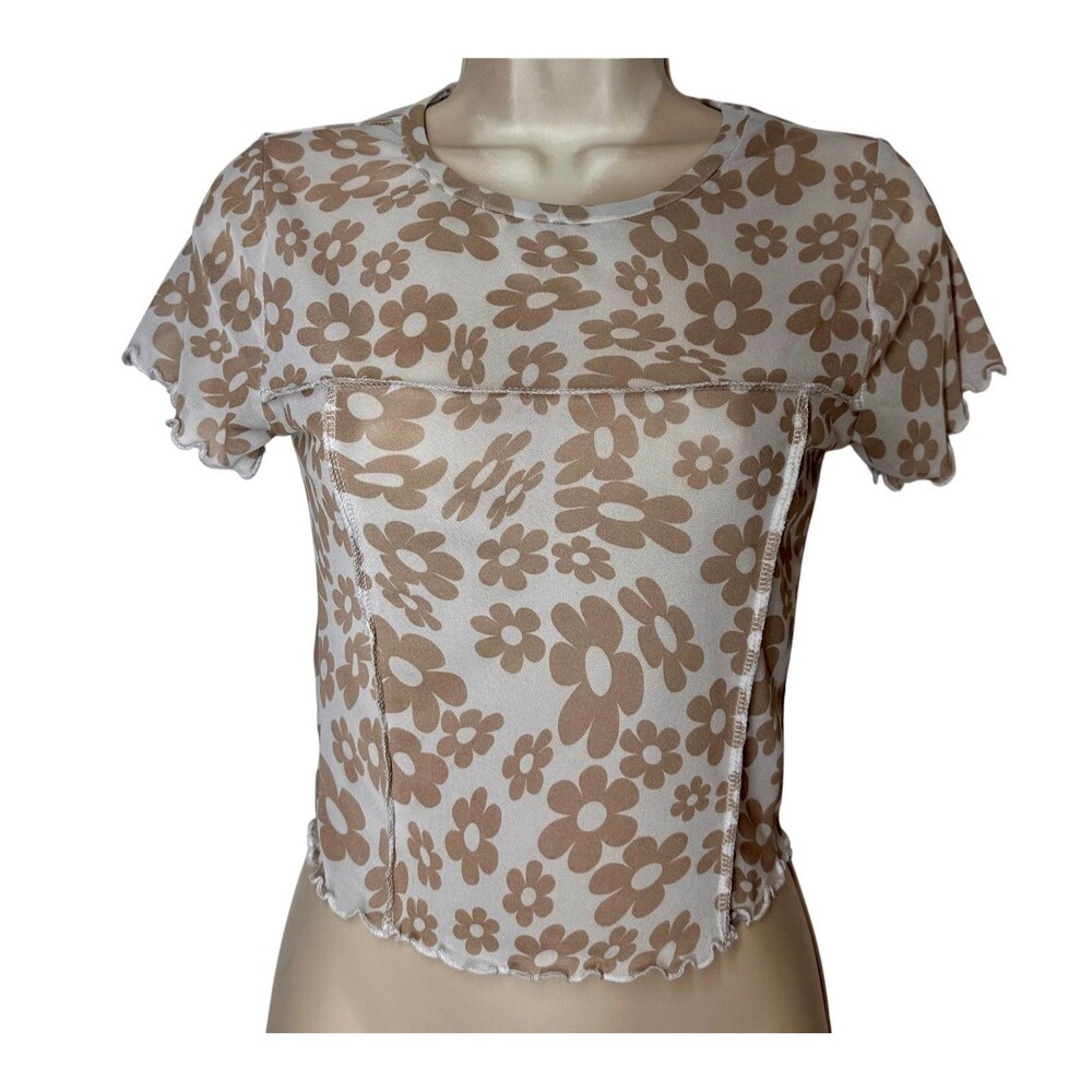 Cloud Dancer Sheer Mesh Floral Crop Top Y2K Coquette Lettuce Hem Small